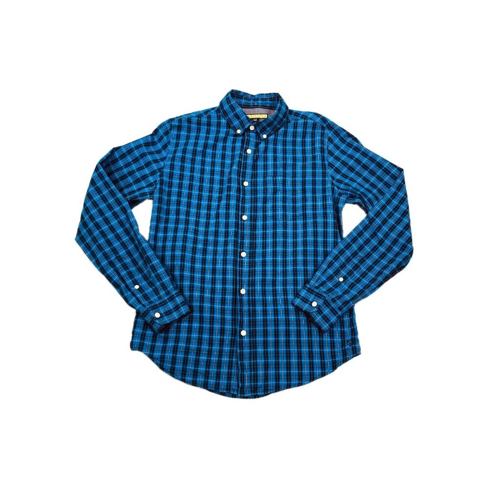 Prince & Fox Shirt Men's Small Blue Check Rounded Hem Long Sleeve Button-Down